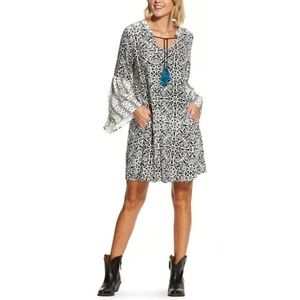 Ariat Keystone Dress‎ Sz L Black&White Bell Sleeve Teal Blue Tassel Boho Western